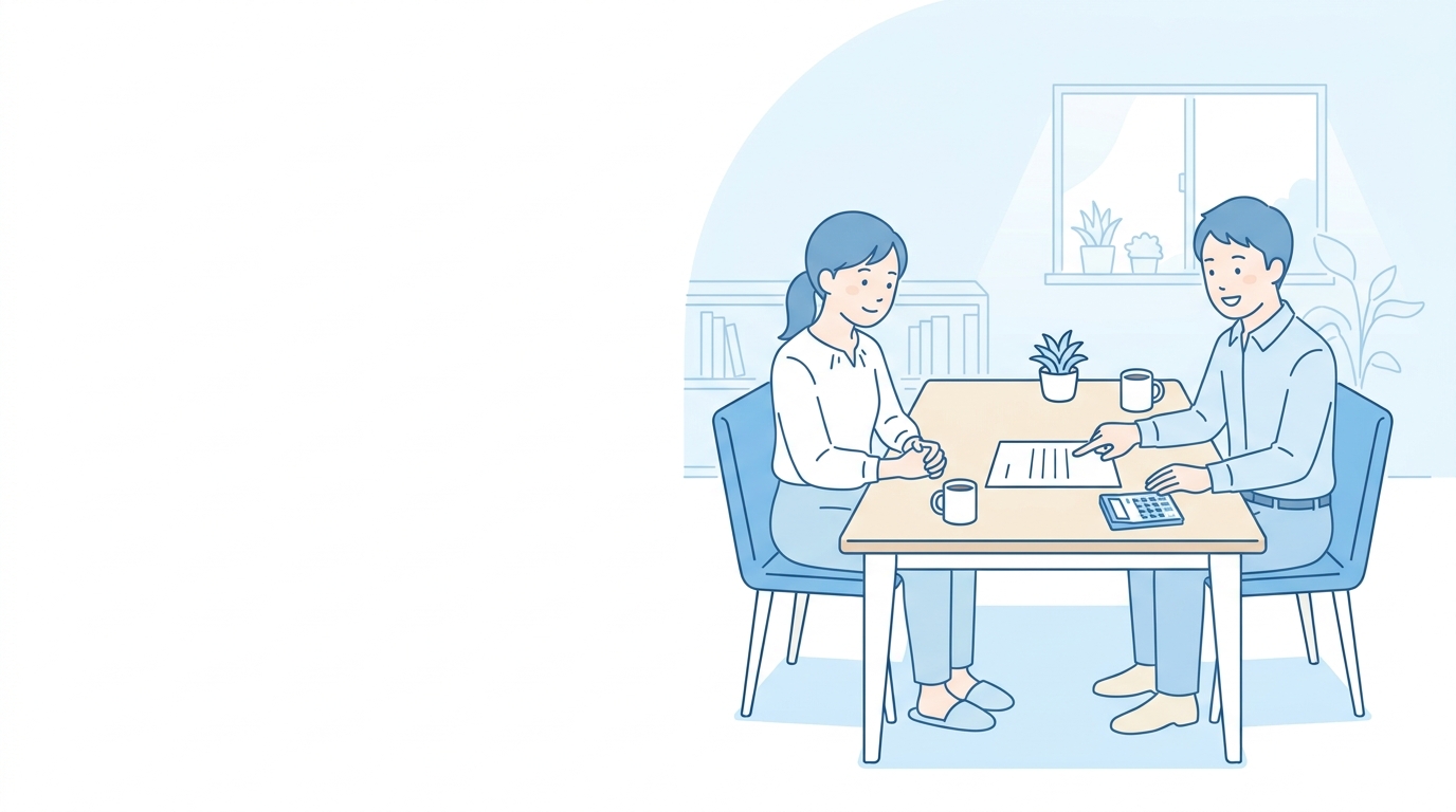 机をはさんで経理の相談をしている様子のイラスト